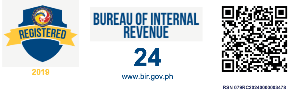 Bureau of Internal Revenue registration badge, registered 2019, RDO 24, with verification QR code. RSN 079RC20240000003478.